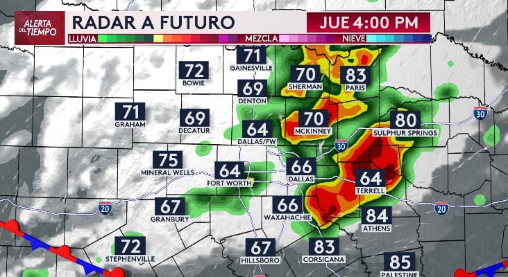 A las 4 de la tarde, el pronóstico indica que 
<b>las tormentas se habrán desplazado hacia el este de la región, afectando localidades como Terrell, McKinney, Sulphur Springs, Paris y Sherman</b>.