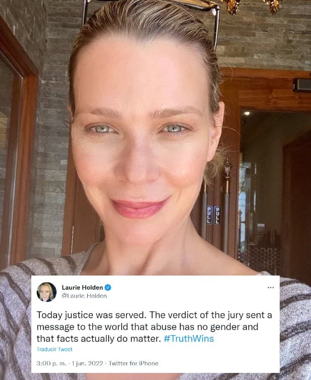 <b>Laurie Holden</b>, actriz de la serie 'The Walking dead', aplaudió que "la verdad gana": "Hoy se hizo justicia. El veredicto del jurado envió un mensaje al mundo de que el abuso no tiene género y que los hechos sí importan. #LaVerdadGana".
<br>