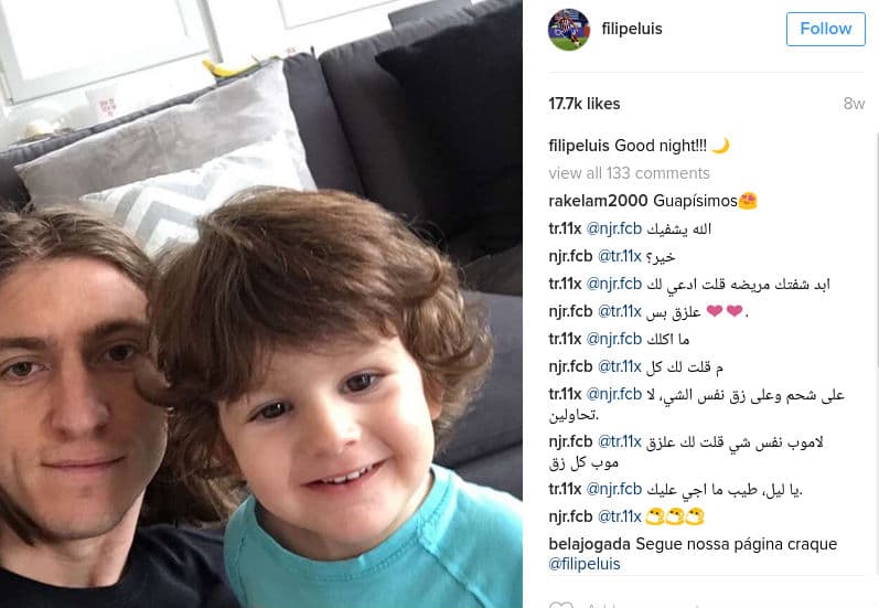 El brasilero Filipe Luis con su hijo menor