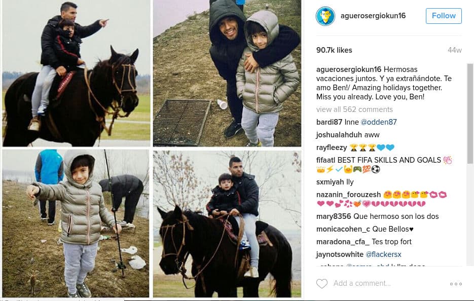 El Kun Aguero, de vacaciones con su hijo Benjamín.