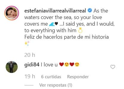 Su ahora prometido reaccionó al anuncio con un "te amo" y varios emoticonos.