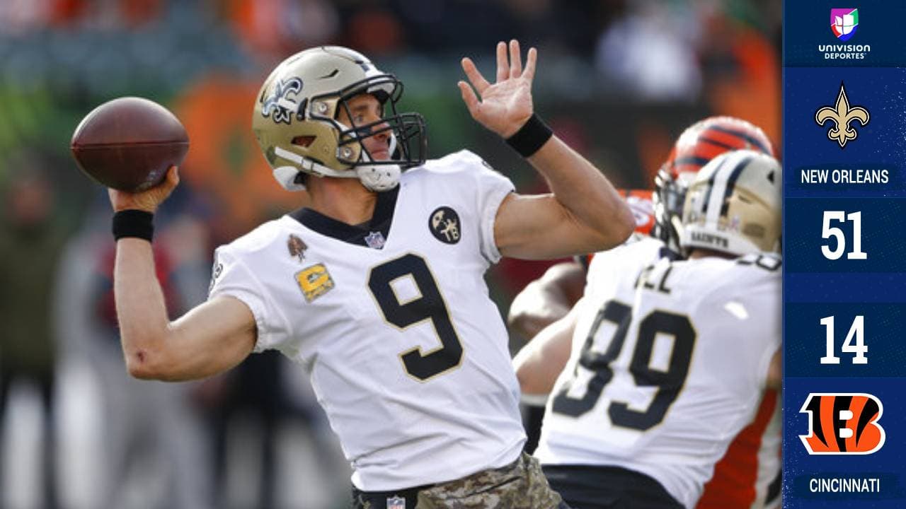 <b>New Orleans 51-14 Cincinnati</b>. Drew Brees supera a Brett Favre en el segundo lugar de pases de TD en la historia de la NFL, lanza tres y guía a los Saints a una impresionante victoria en Cincinnati.