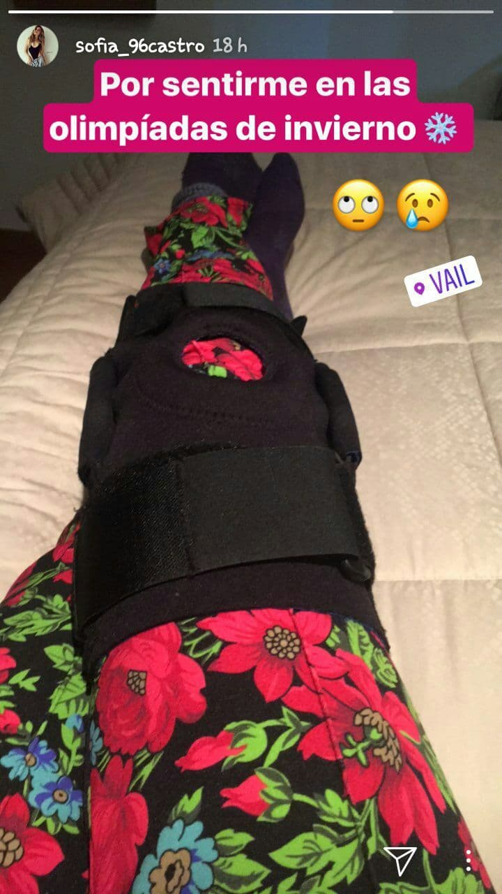 Pero en sus historias de Instagram la actriz compartió con sus seguidores esta imagen en la que se lee: "Por sentirme en las olimpiadas de invierno". En la fotografía Sofía aparece inmovilizada de la pierna derecha.