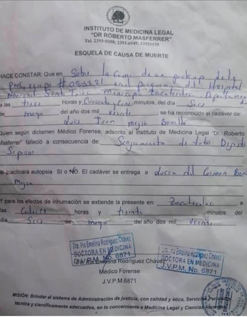 Esquela de la causa de muerte de Luis Iván Mejía