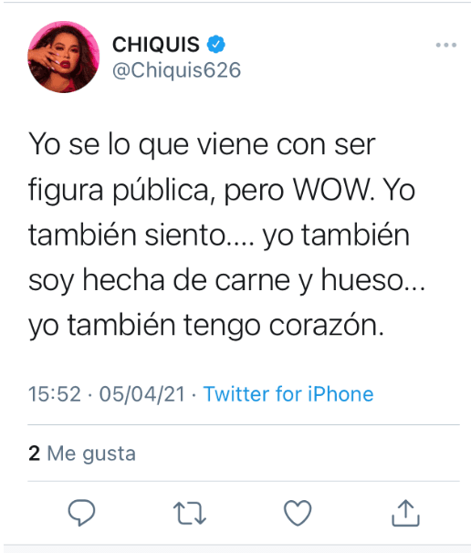 "Yo sé lo que viene con ser figura pública pero wow. Yo también siento... Yo también soy hecha de carne y hueso... Yo también tengo corazón", escribió el lunes por la tarde.