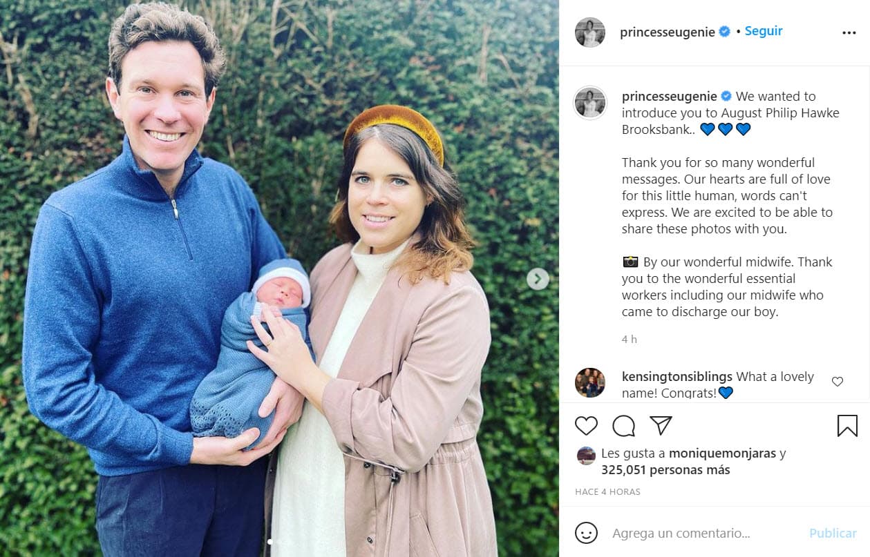 En Instagram compartieron tres fotografías donde muestran el rostro del bebé: "Queríamos presentarles a 
<b>August Philip Hawke Brooksbank</b>", se lee al inicio del mensaje.
<br>