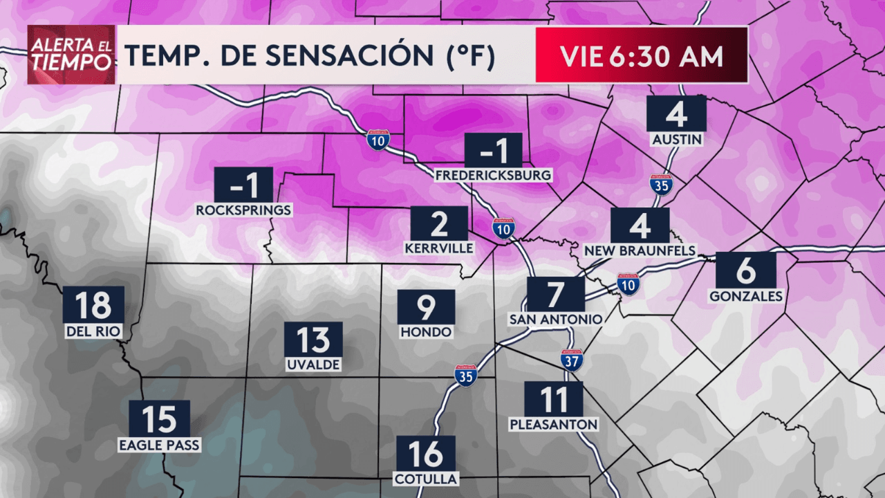 Sensaciones de hasta -1°F para Rocksprings y Fredericksburg.