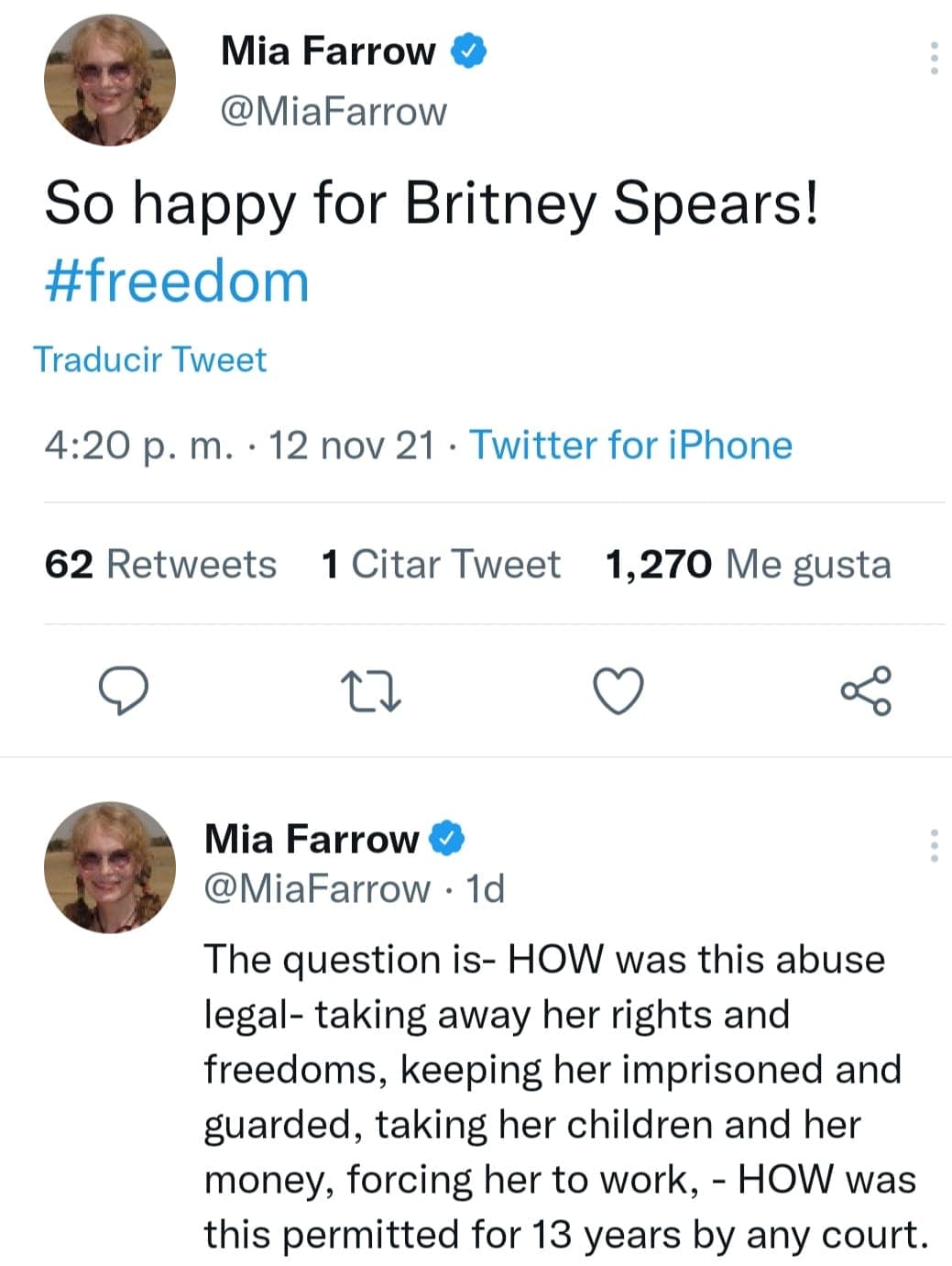 La actriz escribió estar "muy feliz" por Spears y cuestionó lo siguiente: "La pregunta es: ¿CÓMO fue legal este abuso? Le quitó sus derechos y libertades, la mantuvo encarcelada y vigilada, se llevó a sus hijos y su dinero, la obligó a trabajar".