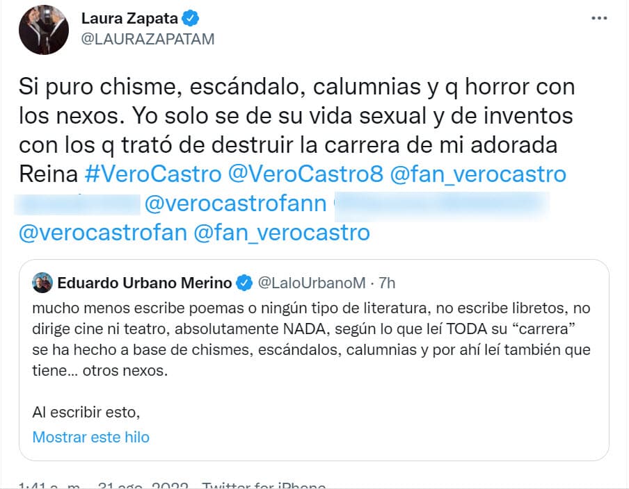 "
<b>Solo sé de su vida sexual</b> y de inventos con los que trató de destruir la carrera de mi adorada reina (Verónica Castro)", escribió en otro mensaje.