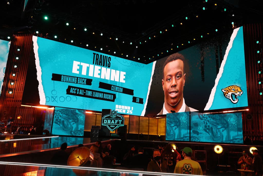 Pick 25 – Jacksonville Jaguars – RB Travis Etienne.
<br>