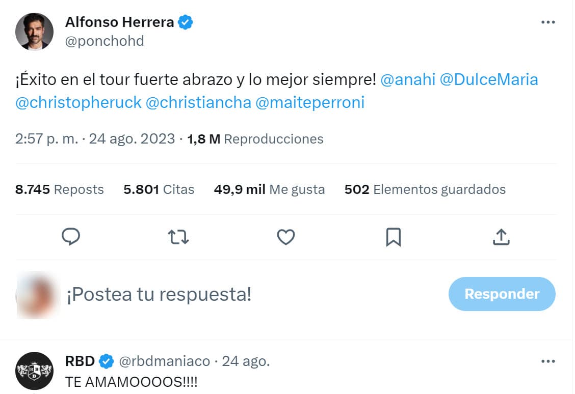 "¡Éxito en el tour, fuerte abrazo y lo mejor siempre!", escribió etiquetando a cada uno con quienes compartió escenario y escenas hace casi 19 años. La cuenta oficial del grupo le contestó 
<b>"te amamos".</b>