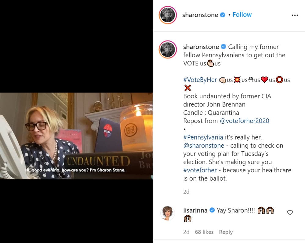 La actriz de Hollywood, 
<b><a href="https://www.univision.com/famosos/sharon-stone-y-otros-famosos-que-han-buscado-el-amor-en-aplicaciones-de-citas-fotos" target="_blank">Sharon Stone</a></b>, tomó el teléfono y llamó a los ciudadanos de Pennsylvania, su estado natal, para invitarlos a votar: "
<b><a href="https://www.instagram.com/p/CG_qycHptMR/" target="_blank">Llamando a mis antiguos paisanos </a></b>de Pensilvania para que salgan a votar", publicó el sábado 31 de octubre.