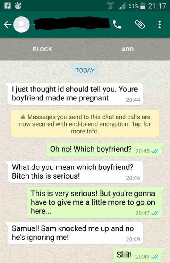 Una mujer embarazada (por el novio de otra chica) es trolleada increíblemente por Whatsapp