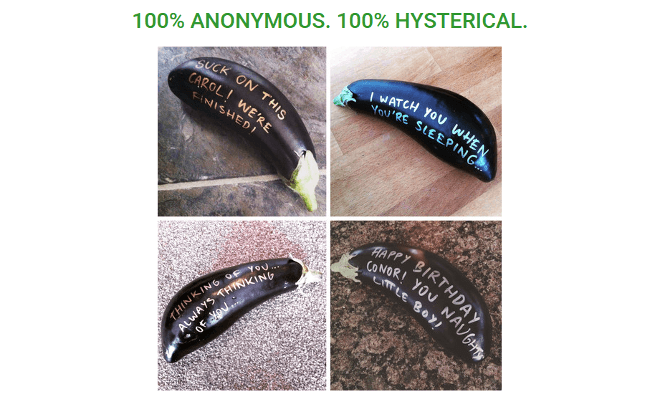 Stalker nivel profesional: manda esta berenjena con una inscripción, 100% anónimo, 100% fálico y totalmente perturbante