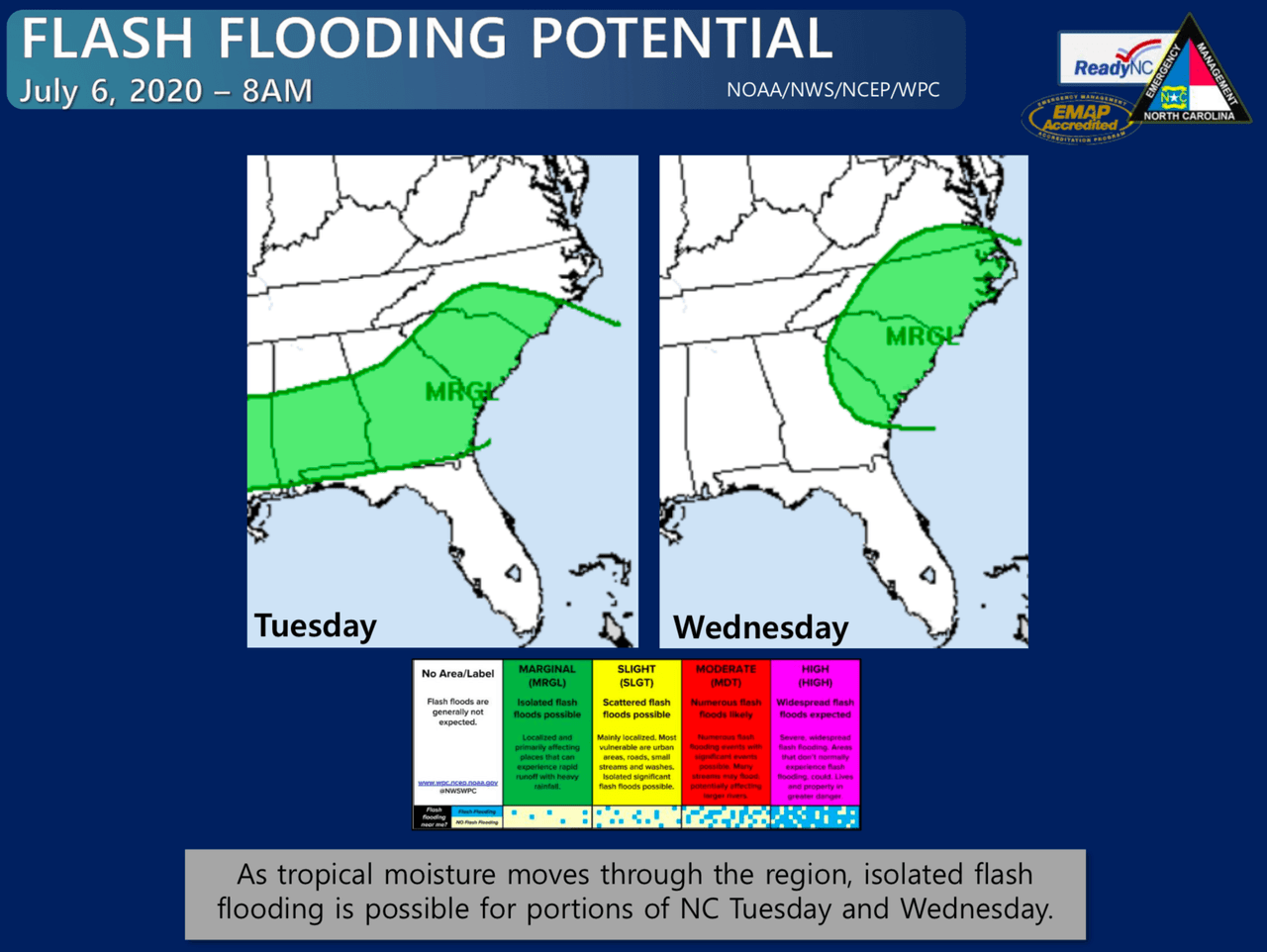 Las lluvias y tormentas eléctricas generalizadas podrían dejar inundaciones al este de Carolina del Norte, desde el miércoles al viernes de esta semana.