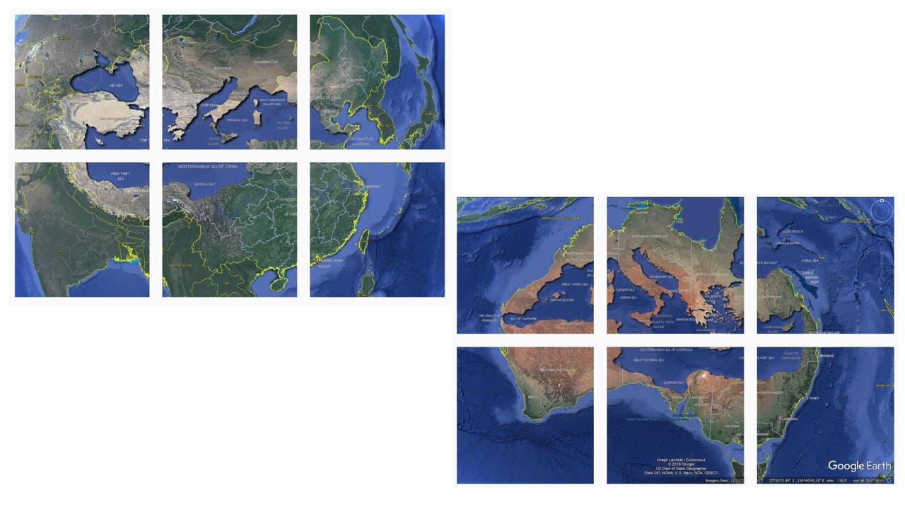 En el Instagram de Bret Drager encontramos otros ejemplos de superposiciones del mar Mediterráneo sobre Asia (izquierda) y Australia (derecha).