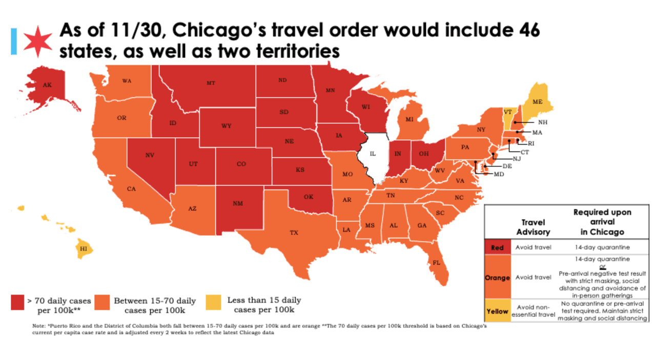 Mapa actualizado de la orden de viaje de emergencia para Chicago.