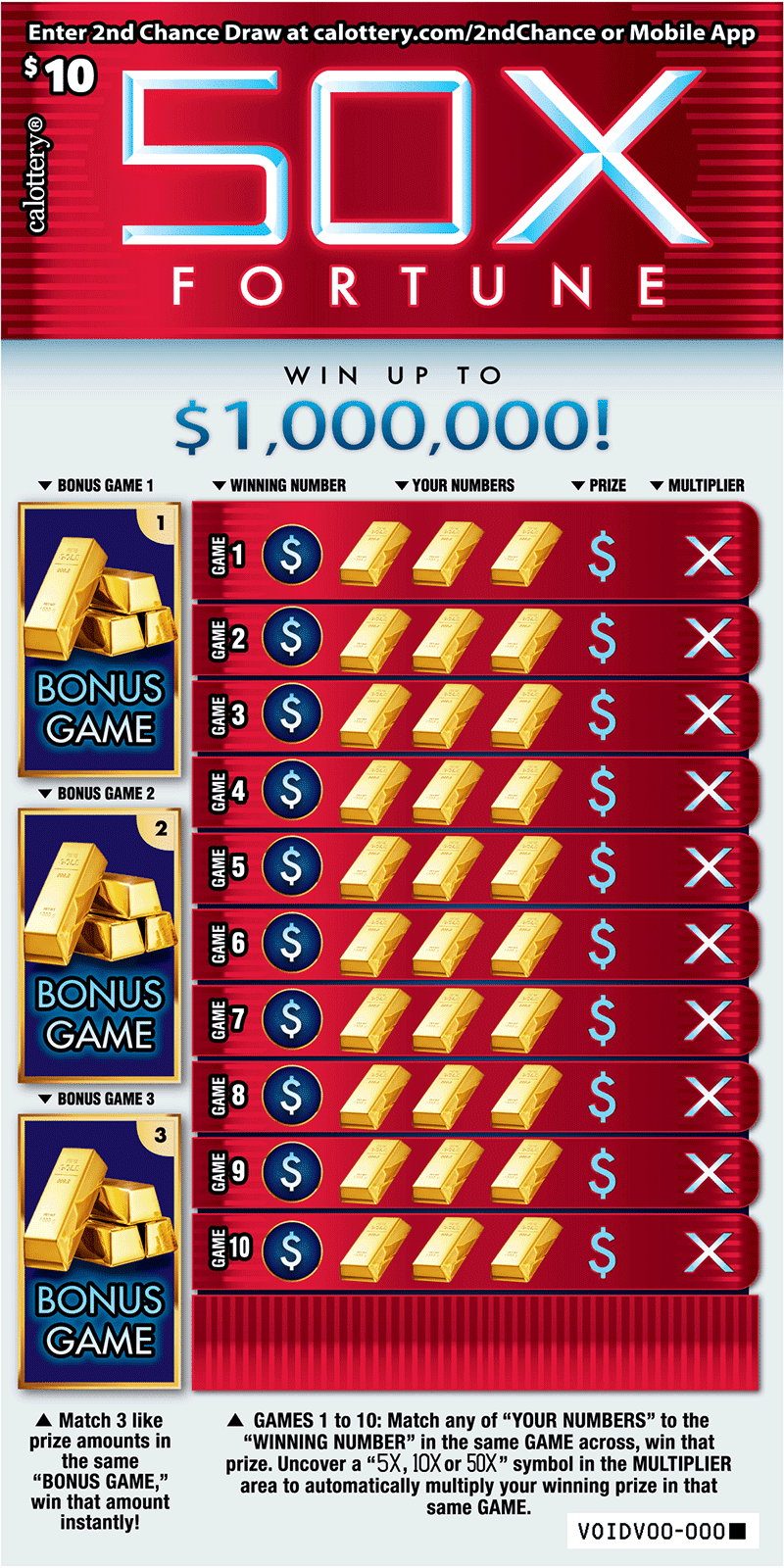 <h2 class="cms-H2-H2">50 Fortune</h2>
<br>Es un raspadito con un premio mayor de $1,000,000.
<br>La probabilidad de ganar cualquier premio es de
<b>1 en 3,30.</b>