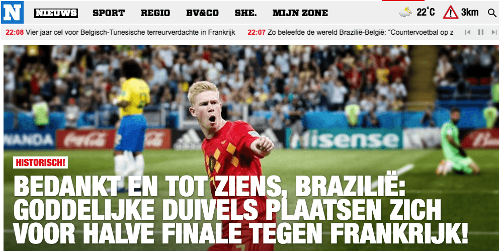El periódico belga
<i>Nieuws Blad</i> en su edición digital dedicó su home page: "Gracias y Adiós, Brasil. Los diablos divinos clasifican para la semifinal contra Francia.