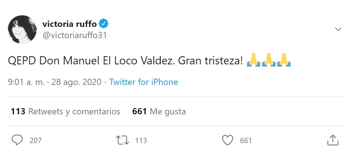 Victoria Ruffo fue otra de las actrices que desde temprano expresaron sus condolencias: "QEPD Don Manuel 'El Loco' Valdés. ¡Gran tristeza!"