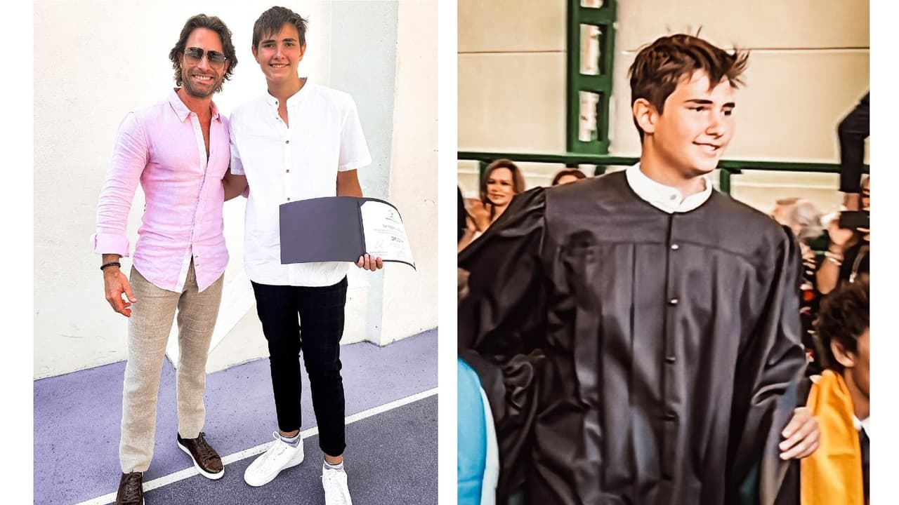 Sebastián Rulli celebra la graduación de primaria de Santiago.