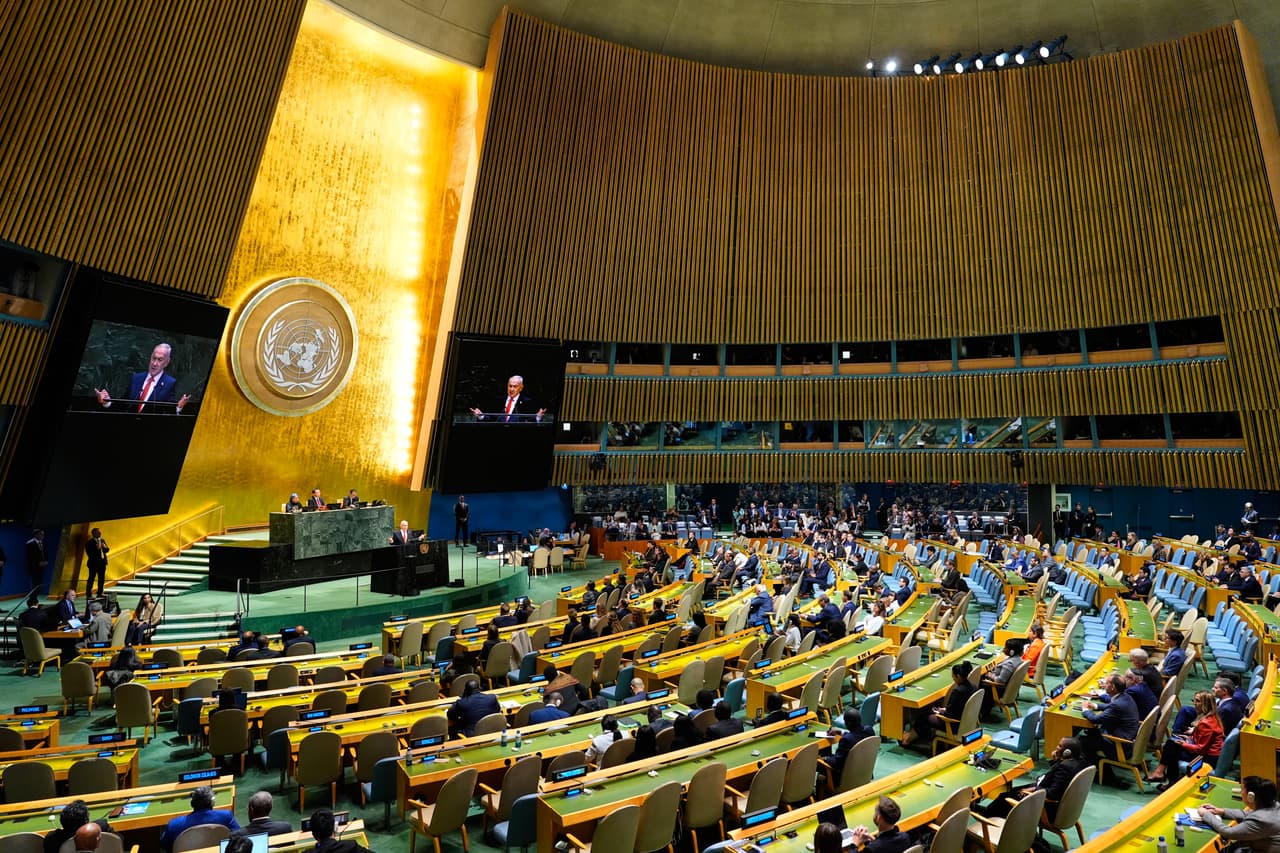 El primer ministro israelí, Benjamin Netanyahu, interviene durante la 81.ª sesión de la Asamblea General de las Naciones Unidas en la sede de la ONU, el jueves 24 de septiembre de 2026. (Foto AP/Yuki Iwamura)