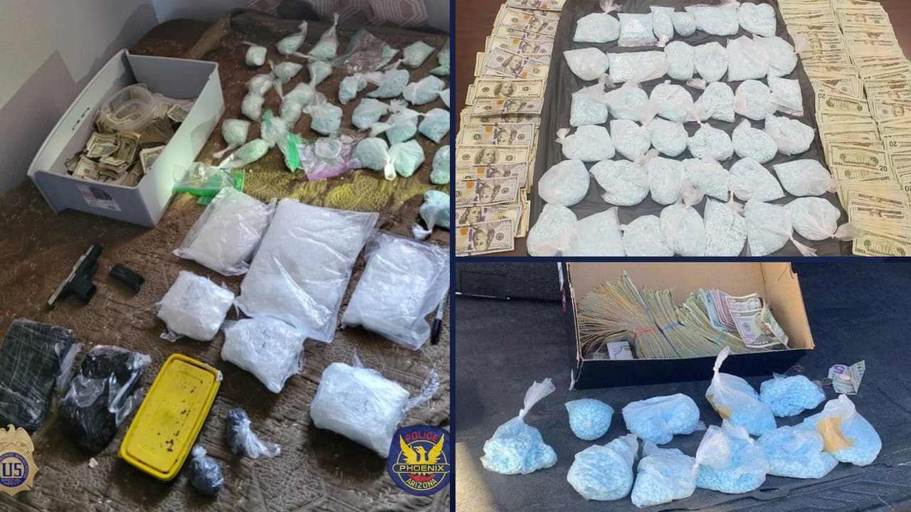 “Estas imágenes son algo que nuestros oficiales encuentran a diario”, publicó la policía de Phoenix al anunciar el arresto de tres personas y el decomiso de miles de dólares en drogas tras un operativo
<i>en el valle del sol. </i>