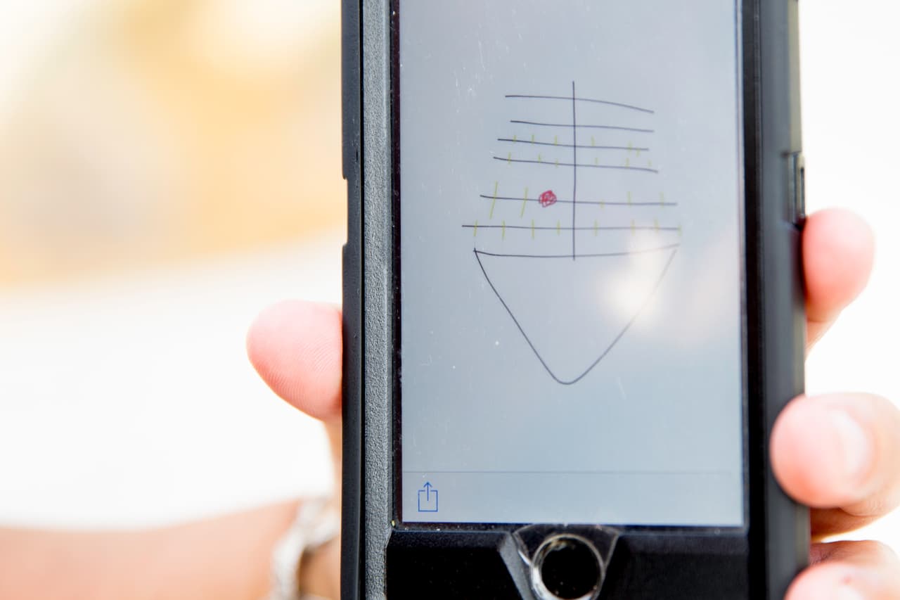 Polo Smith pulls out her phone and looks at a drawing Manlio has just sent. According to the illustration, he’s on the second yard from the bottom, on the front mast of the ship.