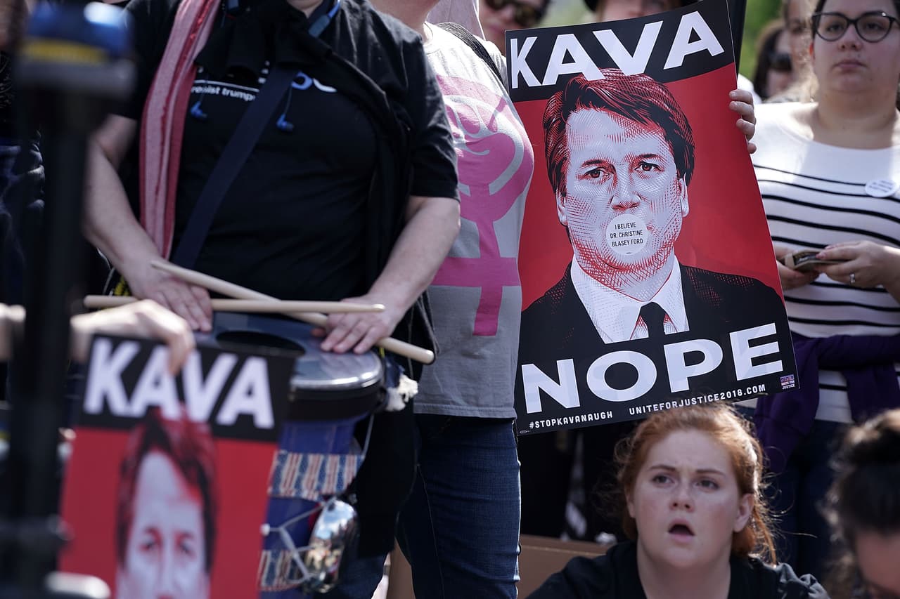WASHINGTON, DC - SEPTEMBER 28: Activists participate in a rally in front of the U.S. Supreme Court September 28, 2018 in Washington, DC. Activists staged a rally to call to drop the nomination of Judge Brett Kavanaugh to the U.S. Supreme Court. (Photo by Alex Wong/Getty Images)