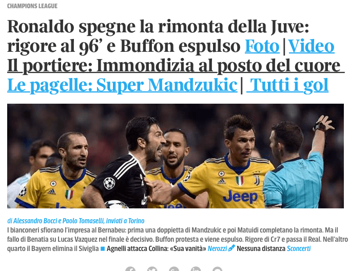 <b>Corriere della Sera:</b> Ronaldo apaga la remontada de la Juve: penal en el 96' y Buffon expulsado