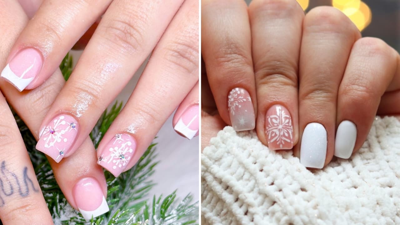 Diseño navideño en color blanco para uñas cortas