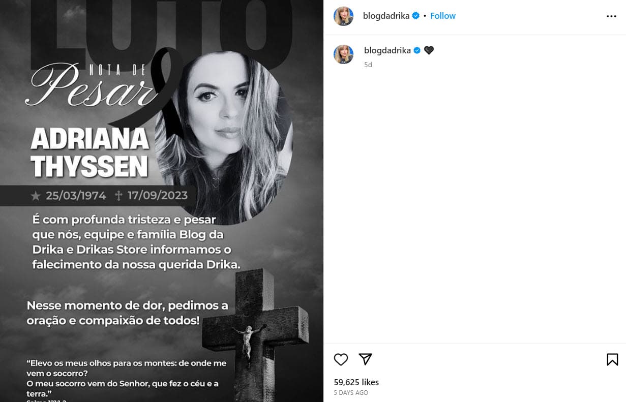 Muere la 'influencer' brasileña Adriana Thyssen.
