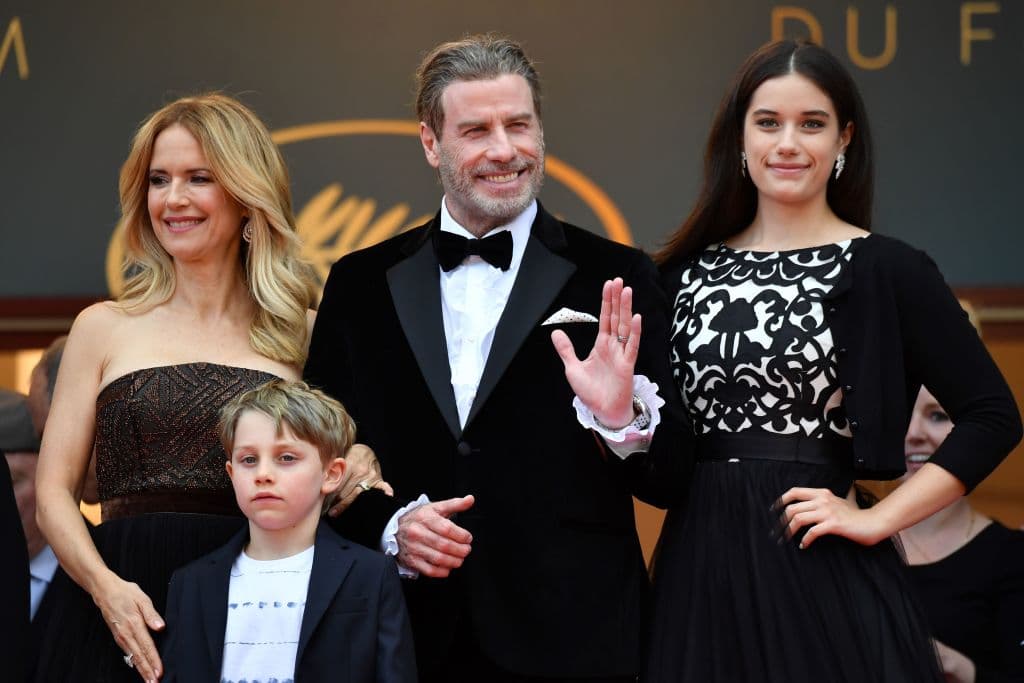 US actor John Travolta (2ndR), his wife US actress Kelly Preston (L) and their children Ella Bleu Travolta (R) and Benjamin Travolta pose as they arrive on May 15, 2018 for the screening of the film "Solo : A Star Wars Story" at the 71st edition of the Cannes Film Festival in Cannes, southern France. (Photo by Alberto PIZZOLI / AFP) (Photo credit should read ALBERTO PIZZOLI/AFP via Getty Images)