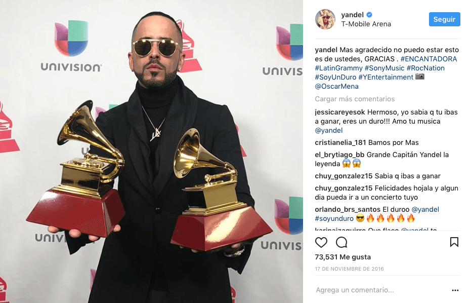 Más agradecido que nunca, Yandel compartió con sus seguidores la alegría por llevarse dos premios GRAMMY.