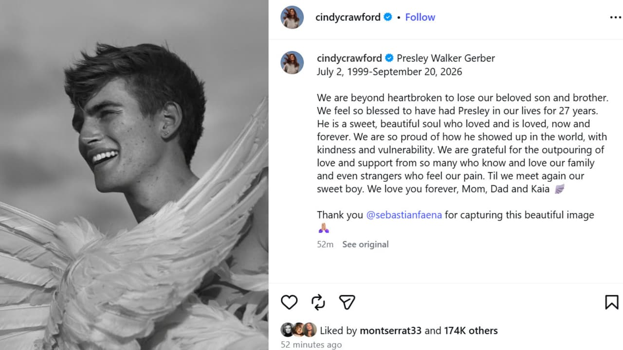 Este es el mensaje con el que Cindy Crawford se pronuncia por primera vez sobre la muerte de su hijo Presley Gerber, quien falleció hace casi un mes.