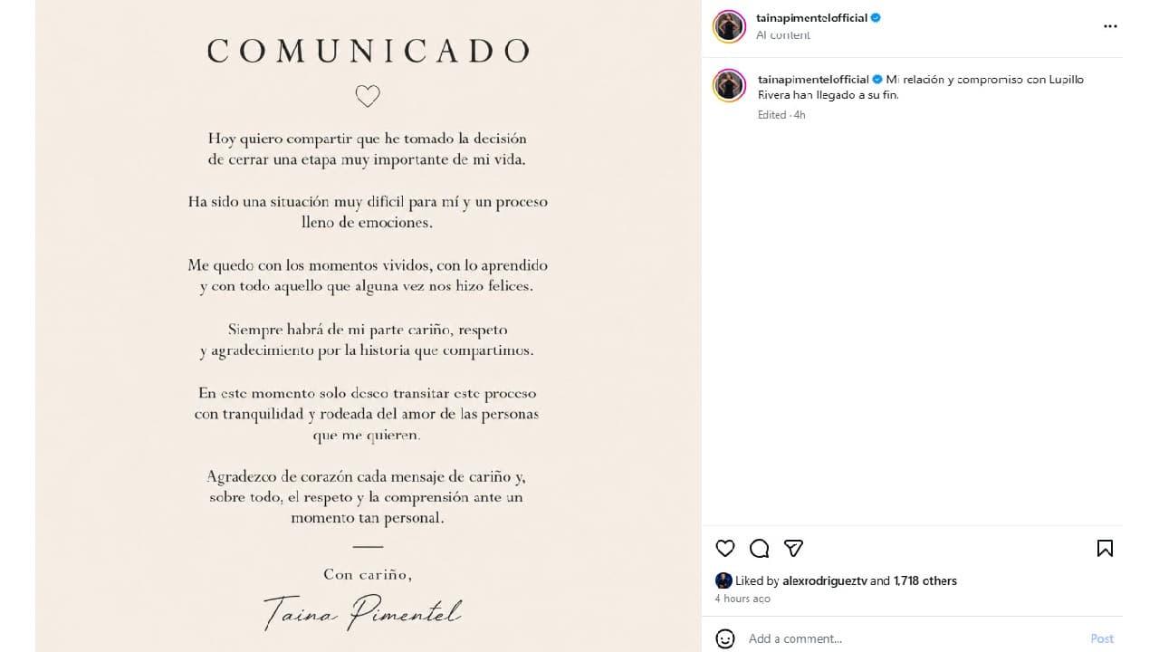 Taina Pimentel anuncia el fin de su relación con Lupillo Rivera.