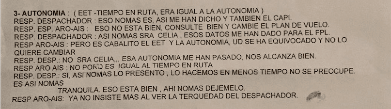 Captura de pantalla del informe con las observaciones que la funcionaria del aeropuerto de Santa Cruz, en Bolivia, hizo al plan de autonomía de vuelo del avión de LaMia. Incluye las respuestas del despachador de la aerolínea.