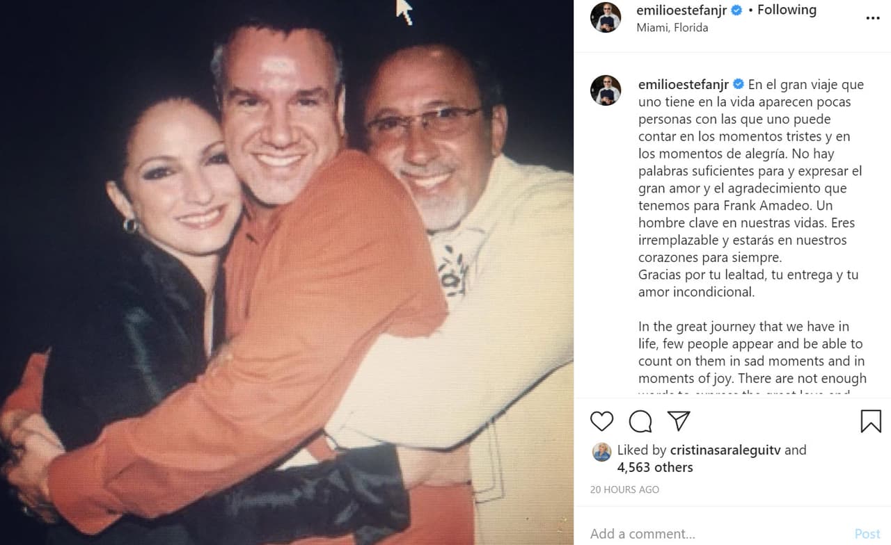 "En el gran viaje que uno tiene en la vida aparecen pocas
<b><a href="https://www.instagram.com/p/CItYee9DwwN/" target="_blank">personas con las que uno puede contar</a></b> en los momentos tristes y en los momentos de alegría", escribió junto a la misma foto que puso su esposa Gloria Estefan.
<br>