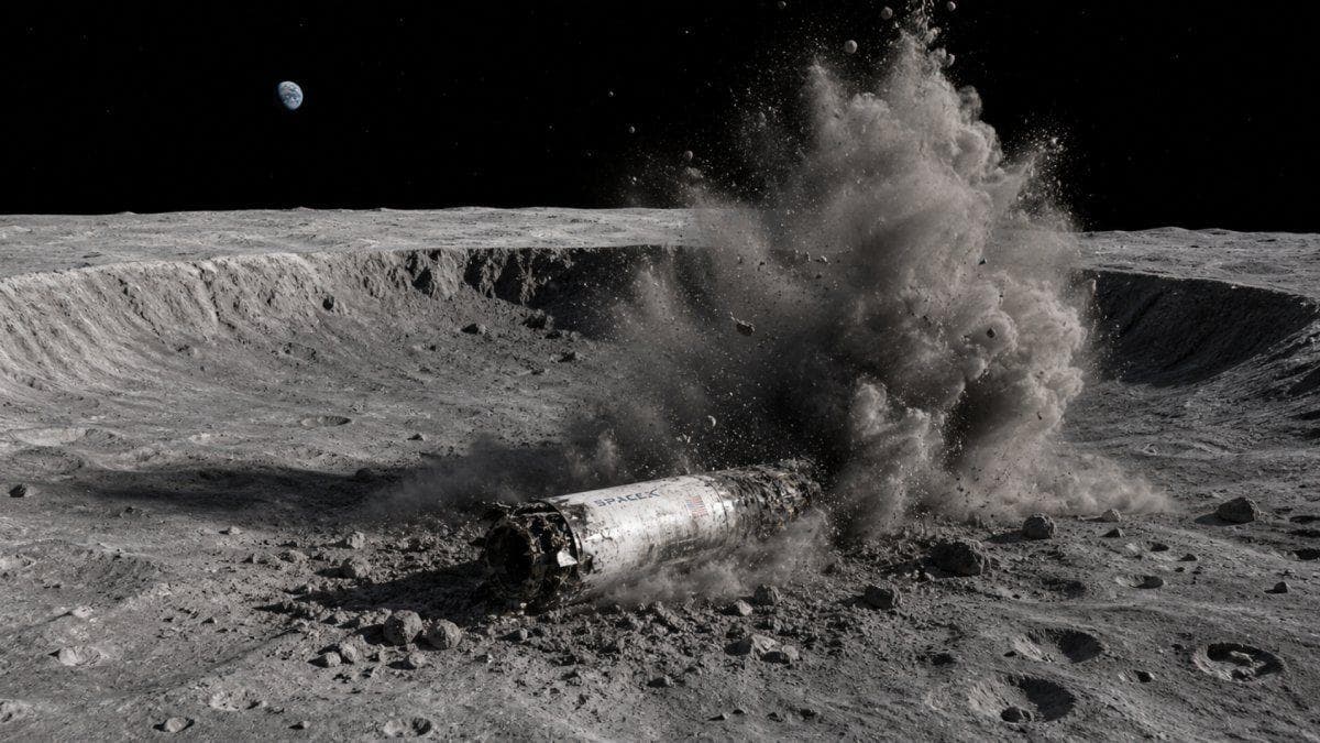 Esta ilustración representa cómo pudo haber ocurrido el impacto de una etapa superior de un cohete contra la superficie lunar. No existen fotografías del momento exacto de la colisión registrada en agosto de 2026. Los científicos determinaron que el objeto chocó contra la Luna a una velocidad aproximada de 5,400 millas por hora. Las imágenes de este tipo son recreaciones utilizadas para explicar el fenómeno y no corresponden a una captura real del impacto. La confirmación del evento llegó mediante observaciones telescópicas que detectaron materiales expulsados después del choque.