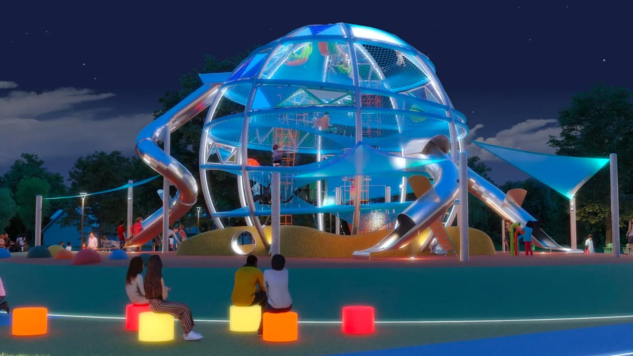 El parque infantil Joya, en Farmers Branch, contará con una esfera de 27 pies de altura para que los niños pueden escalar.