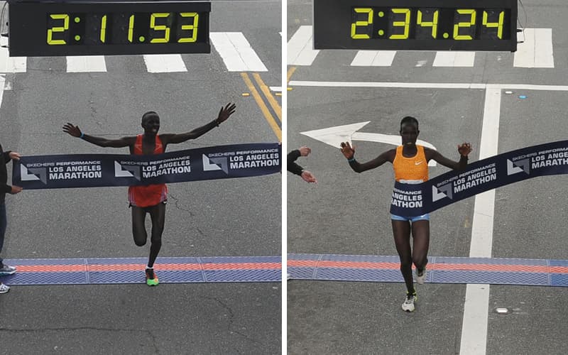 Elisha Barno (izq) y Hellen Jepkargut (der), ambos de Kenia, se coronaron como los ganadores de las divisiones masculinas y femeninas, respectivamente, del Maratón de Los Ángeles.
