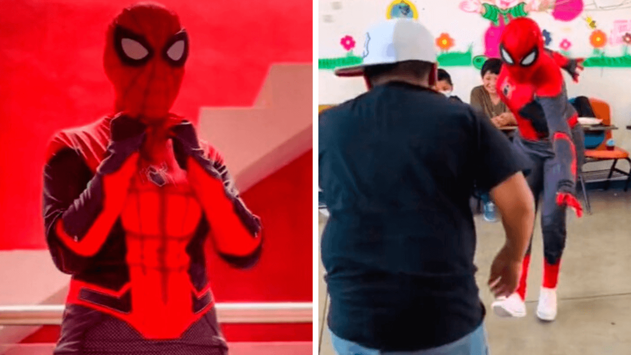 Maestra se viste como Spider-Man y enseña pasos de cumbia a sus alumnos: el Internet la amó