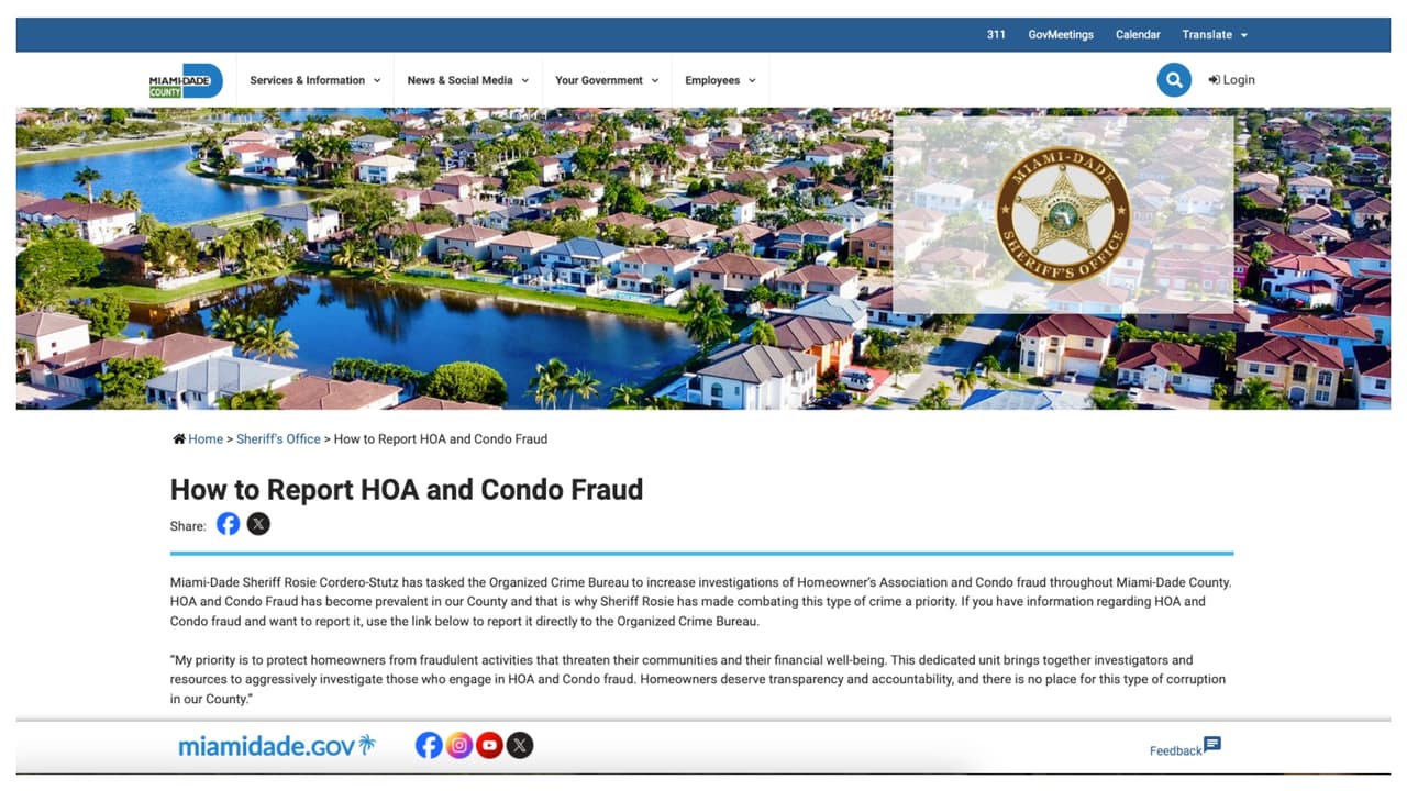 Así luce la página de la Oficina del Sheriff de Miami-Dade en la que puede hacer denuncias sobre fraudes en asociaciones de condominio