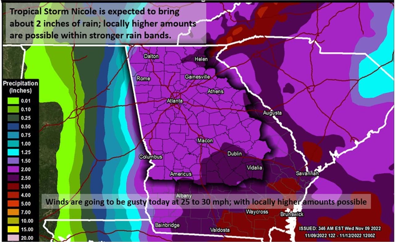 La tormenta tropical Nicole traerá lluvias y vientos fuertes en 97 condados de Georgia