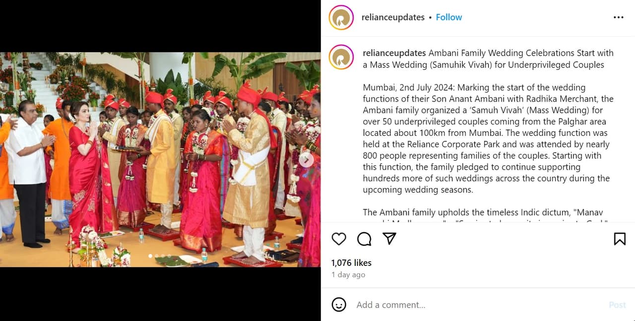 Mukesh Ambani organizó una boda colectiva para 52 parejas en situación desfavorecida.
<br>