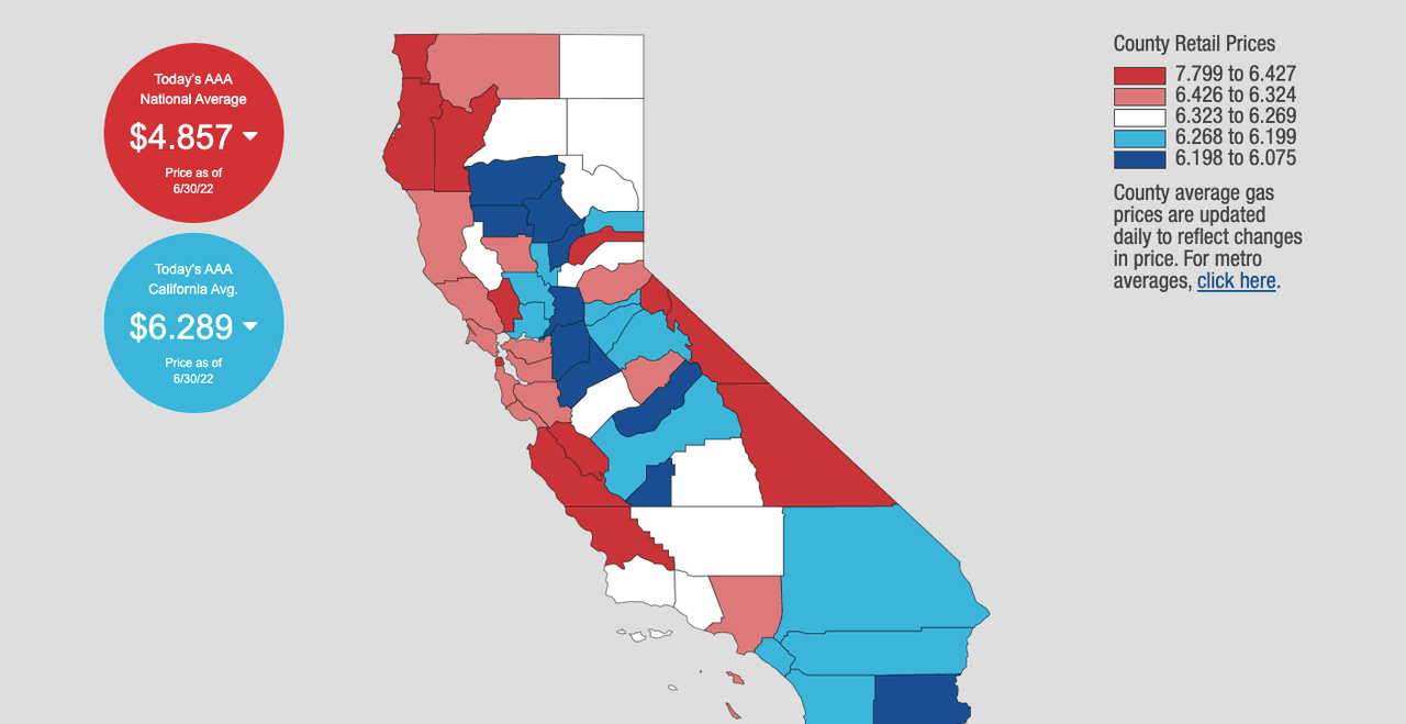 El precio promedio de la gasolina en el estado es de $6.28 por galón y en el resto del país de $4.85.