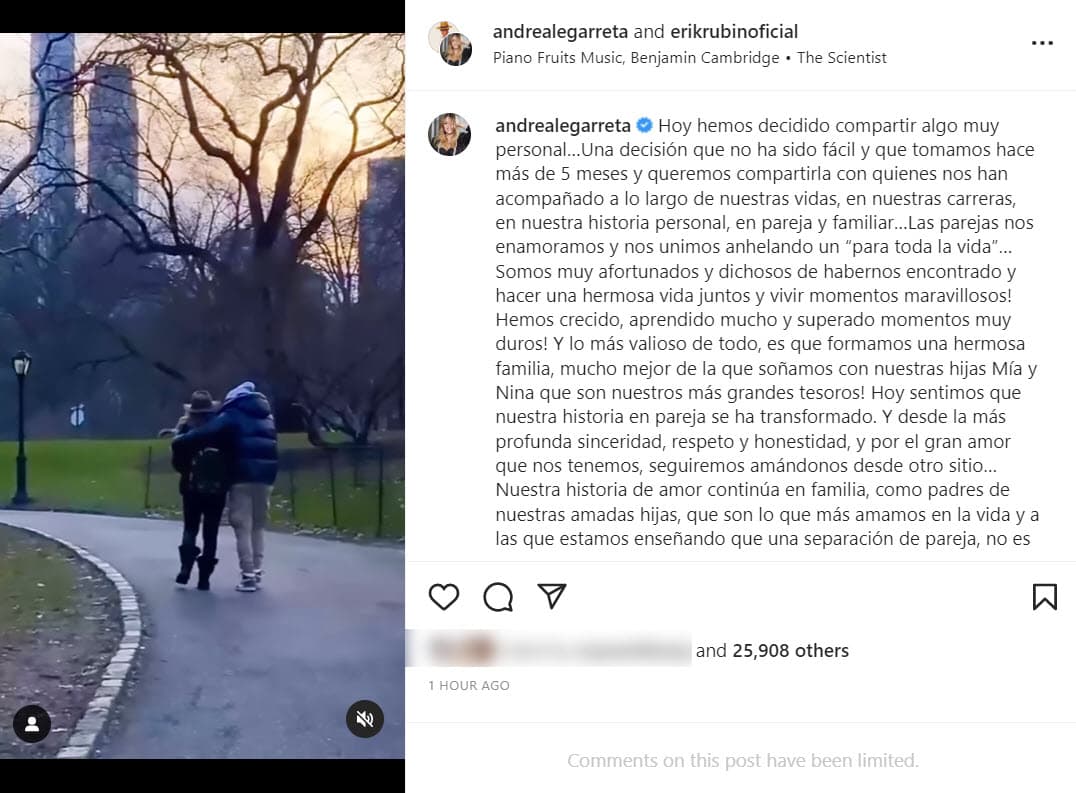Andrea Legarreta y Erik Rubín publicaron un comunicado de prensa en Instagram.