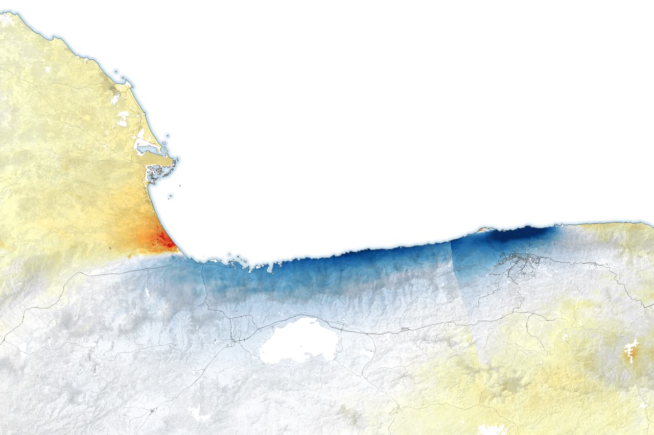 El desplazamiento de la superficie terrestre fue especialmente intenso cerca de Caracas y La Guaira, Venezuela, tras los terremotos que sacudieron la región el 24 de junio de 2026. Este mapa fue elaborado a partir de datos del Radar de Apertura Sintética de NASA-ISRO (NISAR) adquiridos los días 25 y 30 de junio (después de los terremotos) y 13 y 18 de junio (antes de los terremotos).