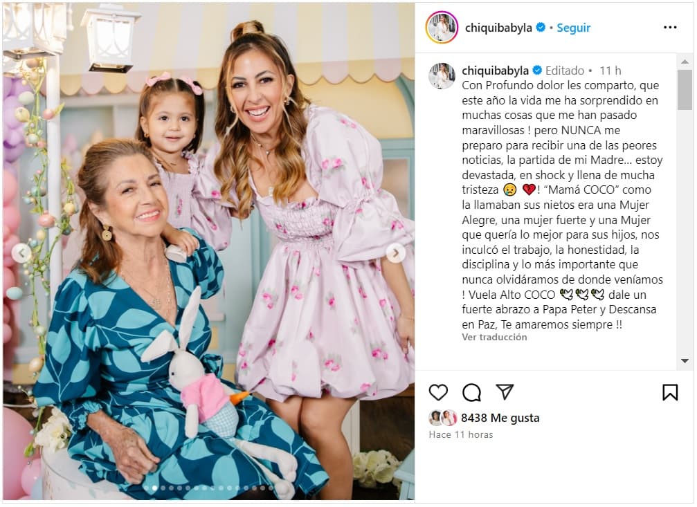 Chiquibaby compartió la noticia del fallecimiento de su mamá.