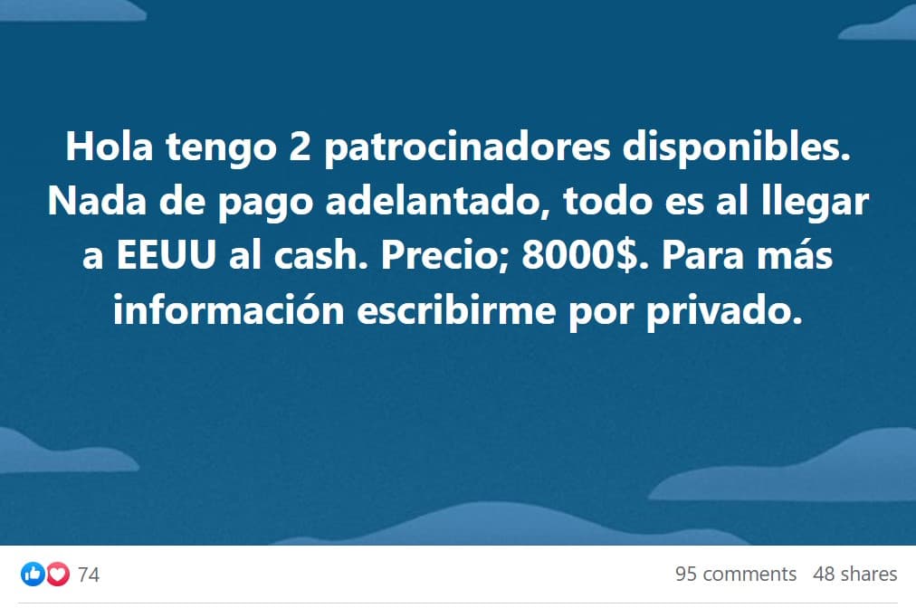 Publicación en un grupo de Facebook ofreciendo patrocinar a dos migrantes por 8,000 dólares.